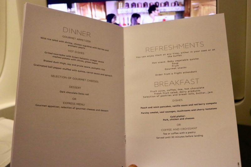 Air France Business Class menu - Dinner and breakfast